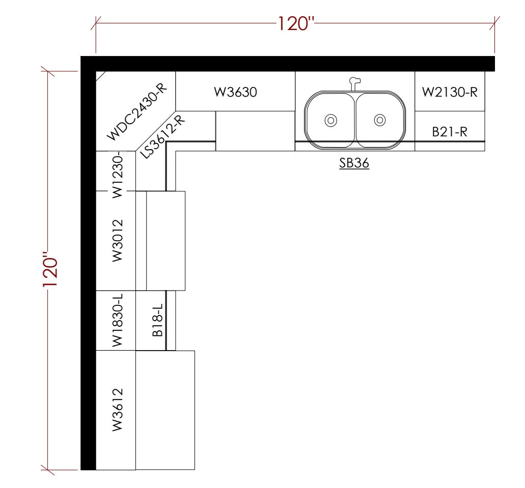 Amishwerks 10x10 L-Shaped Maple Unfinished Kitchen Cabinets - 10x10 L-Shaped Kitchen Design Layout
