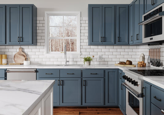 Backwoods Cabinetry 10x10 L-Shaped Needlepoint Navy Blue Kitchen Cabinets - 10x10 L-Shaped Kitchen Design Layout
