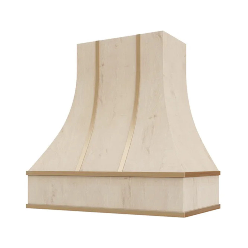 Hoodsly Curved Wood Range Hood Unfinished Wood Range Hood with Curved Front, Brass Strapping and Block Trim