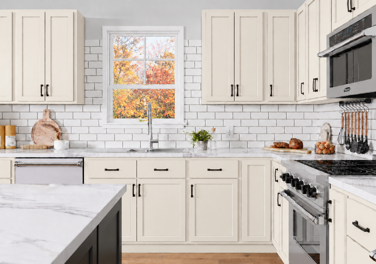 Soft Beige kitchen cabinets in a contemporary craftsman home during the fall.