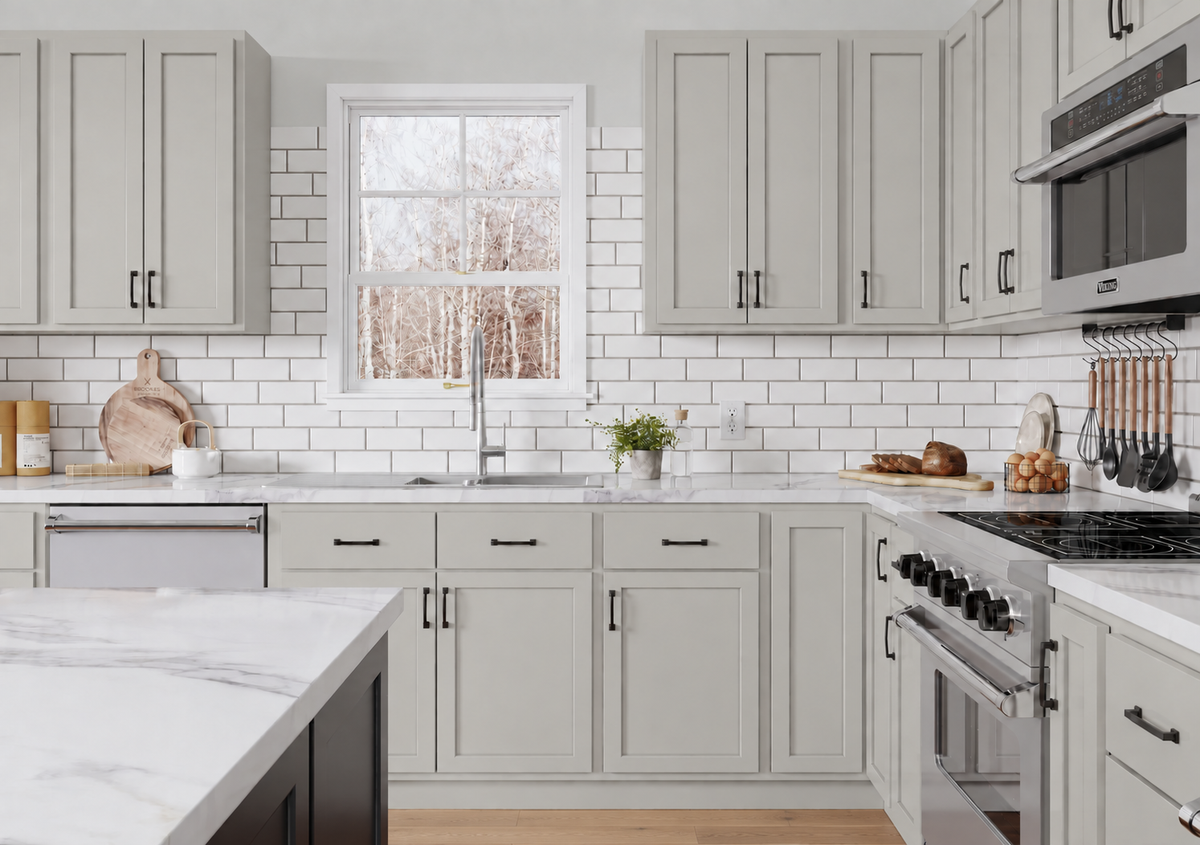 Warm Gray kitchen cabinets in a contemporary craftsman style home during fall time.