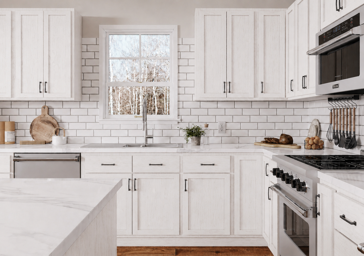 Heather White painted rustic red oak kitchen cabinets