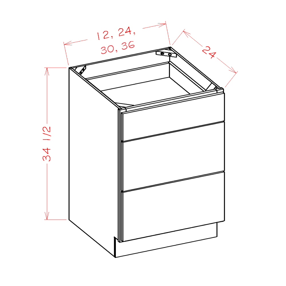 Rustic White Oak 36" 3-Drawer Base Cabinet