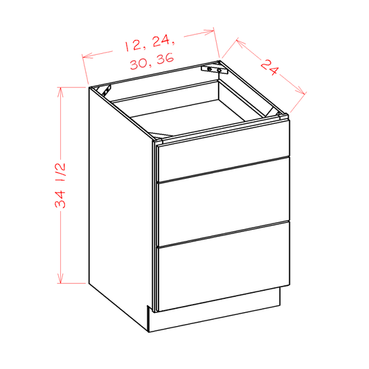 Rustic White Oak 36" 3-Drawer Base Cabinet