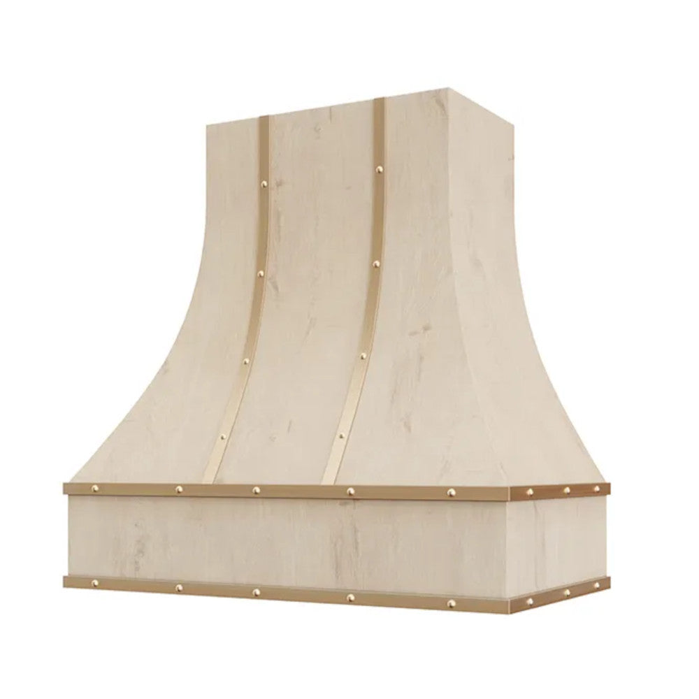 Curved Wood Range Hood Unfinished Wood Range Hood with Curved Front, Brass Strapping, Buttons and Block Trim