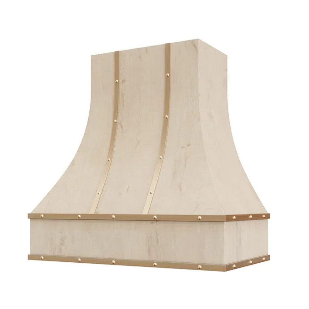 Hoodsly Curved Wood Range Hood Unfinished Wood Range Hood with Curved Front, Brass Strapping, Buttons and Block Trim