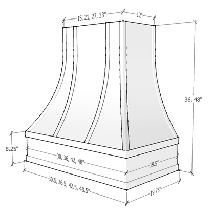 Hoodsly Curved Wood Range Hood Unfinished Wood Range Hood with Curved Front, Silver Strapping and Block Trim