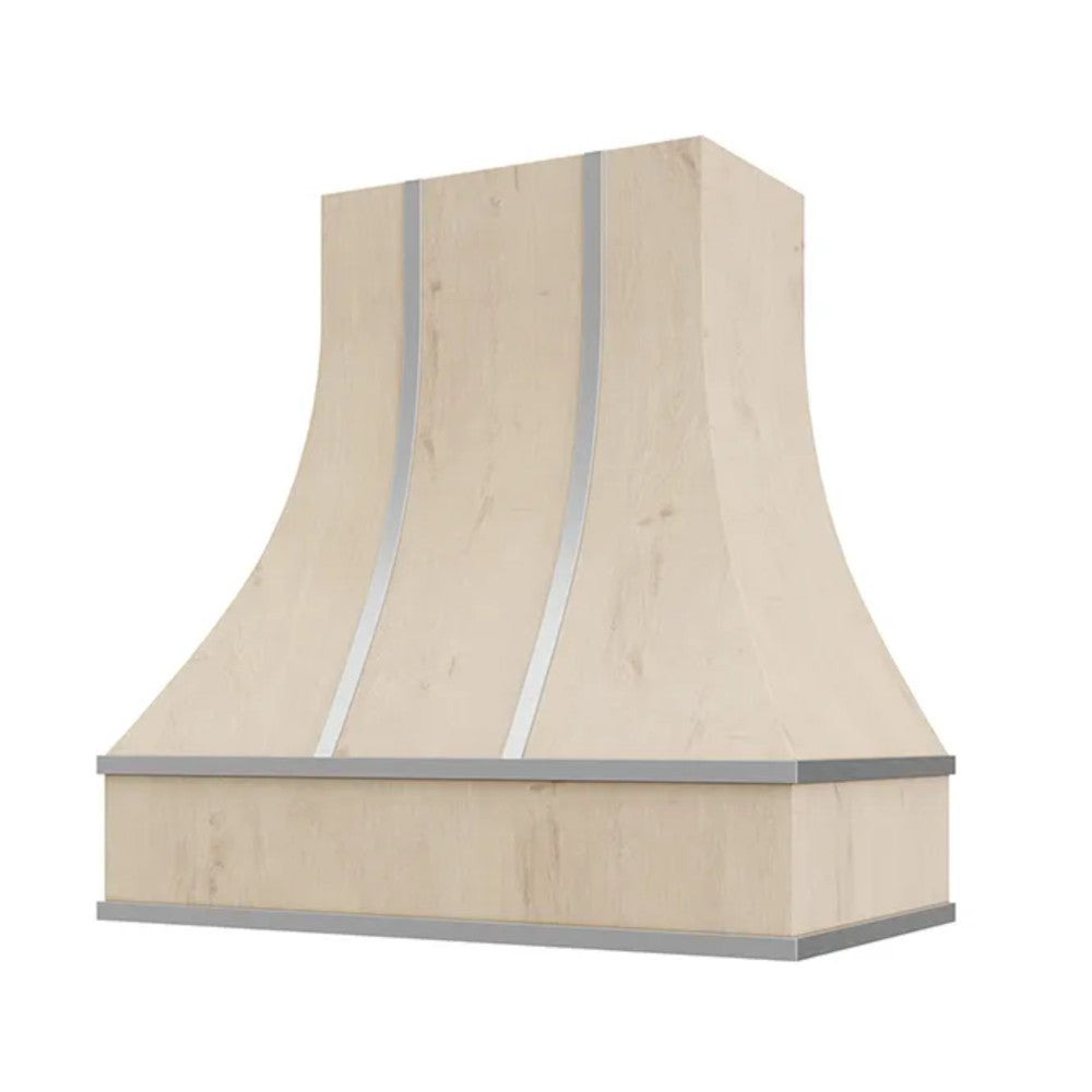 Hoodsly Curved Wood Range Hood Unfinished Wood Range Hood with Curved Front, Silver Strapping and Block Trim